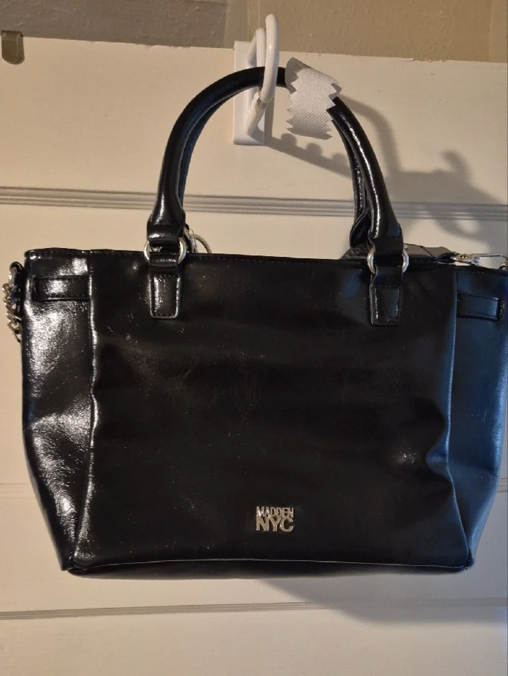 Black Women's Tote Bag with Silver Charm and Detachable Strap